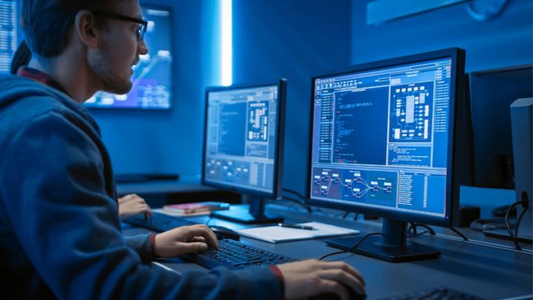 Designer working on the computer creating website.