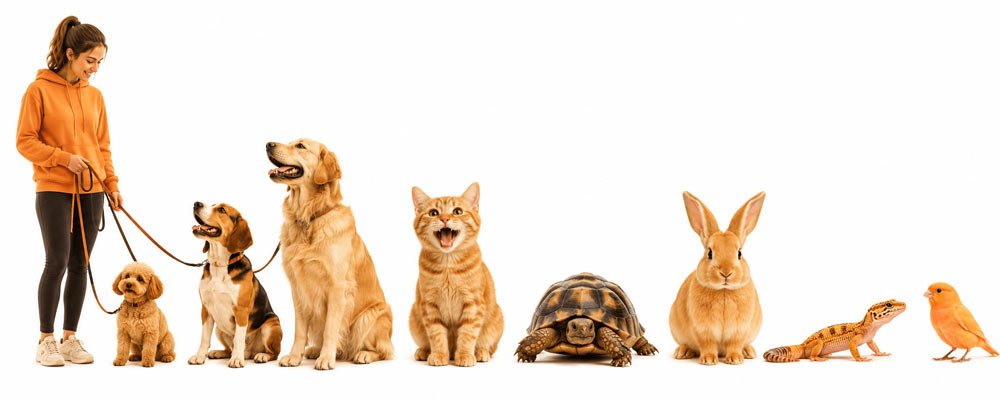 Pet animals, dogs, cat, tortoise, bunny, gecko, and bird.