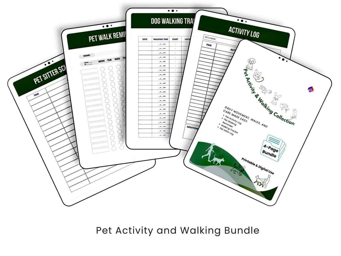This bundle includes 4 printable one-page planners: Pet Activity Log, Pet Walking Reminder, Walking Tracker, Pet Sitter Log